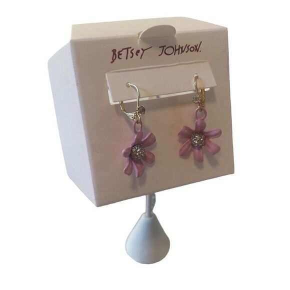 Betsey Johnson Pink Flower Drop Earrings w/ Pave Crystal Center. - Picture 3 of 7